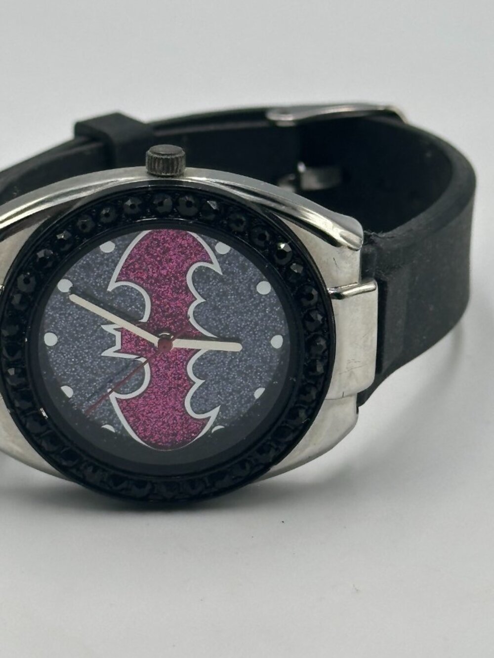 3/$30 Batgirl Pink Emblem Watch Women Silver Tone Black Rhinestone Bezel - Picture 7 of 13